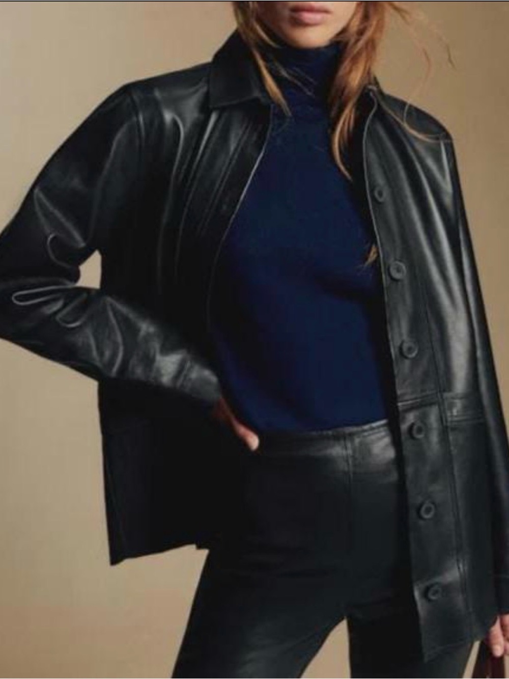 Classic Black Leather Button-Front Jacket - Picture 2 of 4